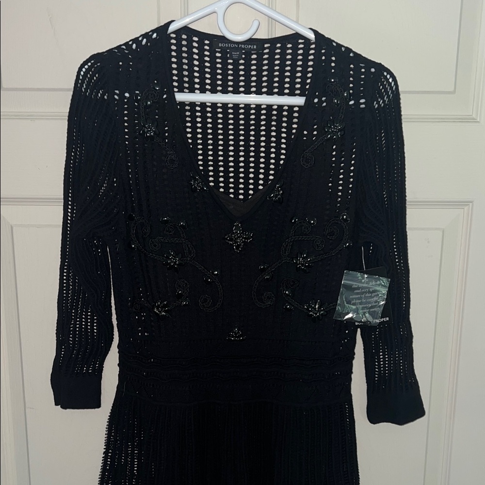 Boston Proper Black Crochet Dress bided and embroidered NWT